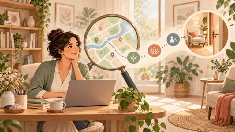 Therapeute utilisant une carte locale et un ordinateur pour etre trouvee sur Google