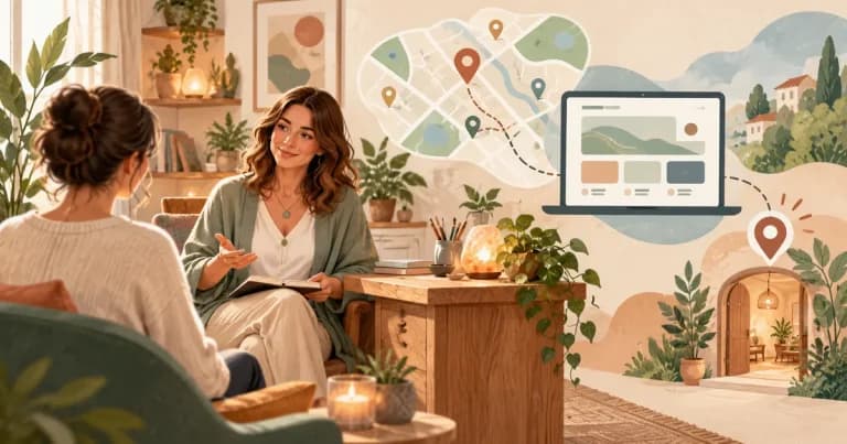 Praticien bien-etre reliant sa presence locale a son site et a ses rendez-vous